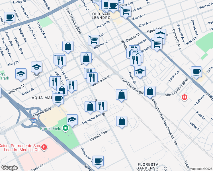 map of restaurants, bars, coffee shops, grocery stores, and more near 635 Marina Boulevard in San Leandro