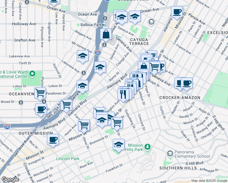 map of restaurants, bars, coffee shops, grocery stores, and more near 469 Huron Avenue in San Francisco