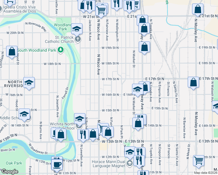 map of restaurants, bars, coffee shops, grocery stores, and more near 301-399 Allen Street in Wichita