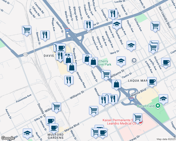 map of restaurants, bars, coffee shops, grocery stores, and more near 1734 Timothy Drive in San Leandro