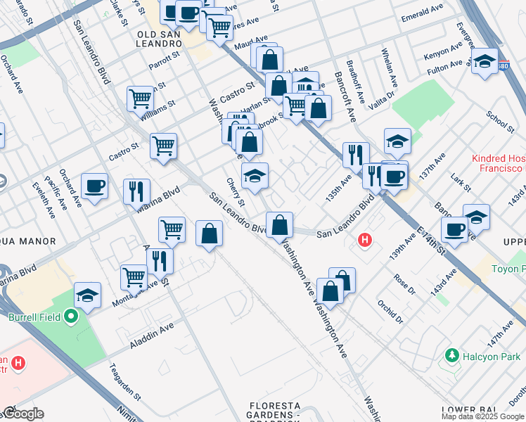 map of restaurants, bars, coffee shops, grocery stores, and more near 2395 Hudson Lane in San Leandro