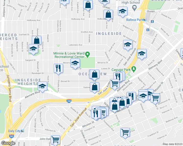map of restaurants, bars, coffee shops, grocery stores, and more near 122 Farallones Street in San Francisco