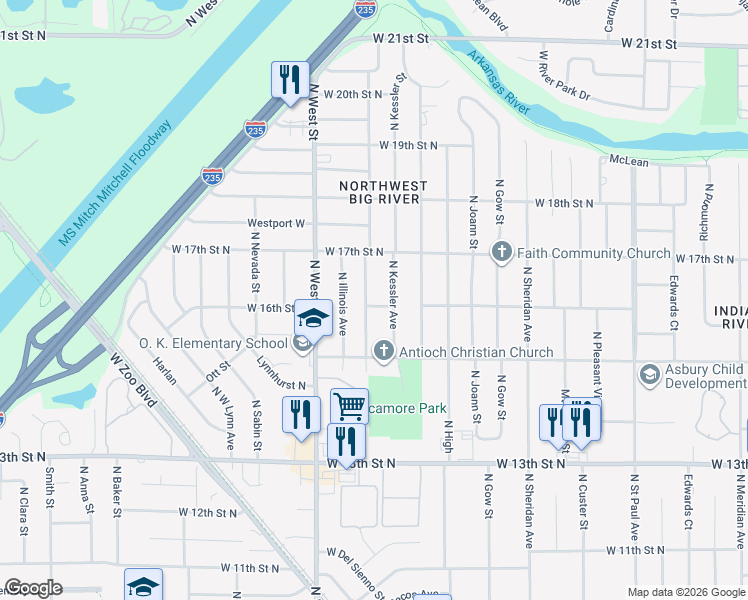 map of restaurants, bars, coffee shops, grocery stores, and more near 1710 North McComas Street in Wichita