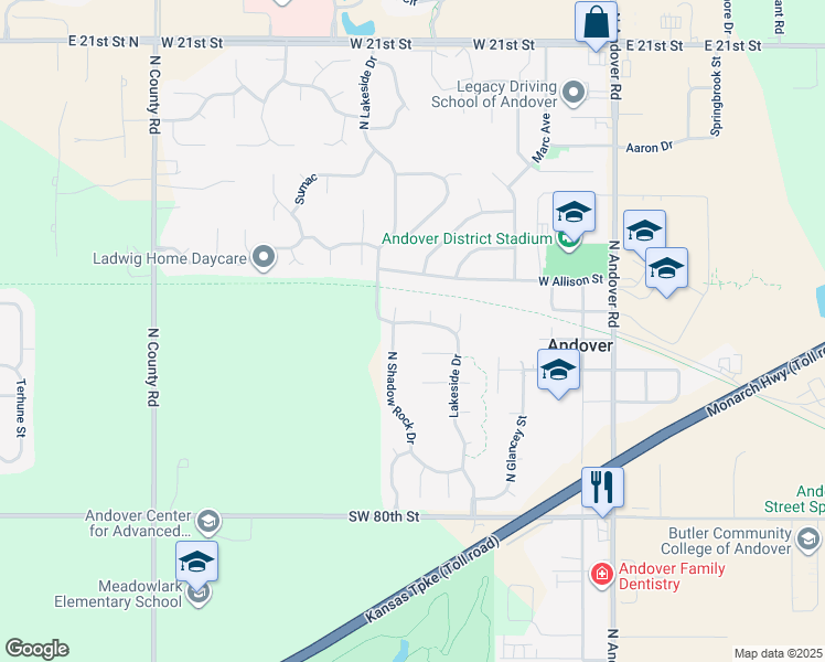 map of restaurants, bars, coffee shops, grocery stores, and more near 1619 North Lakeside Drive in Andover