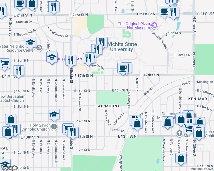 map of restaurants, bars, coffee shops, grocery stores, and more near 1718 North Yale Avenue in Wichita