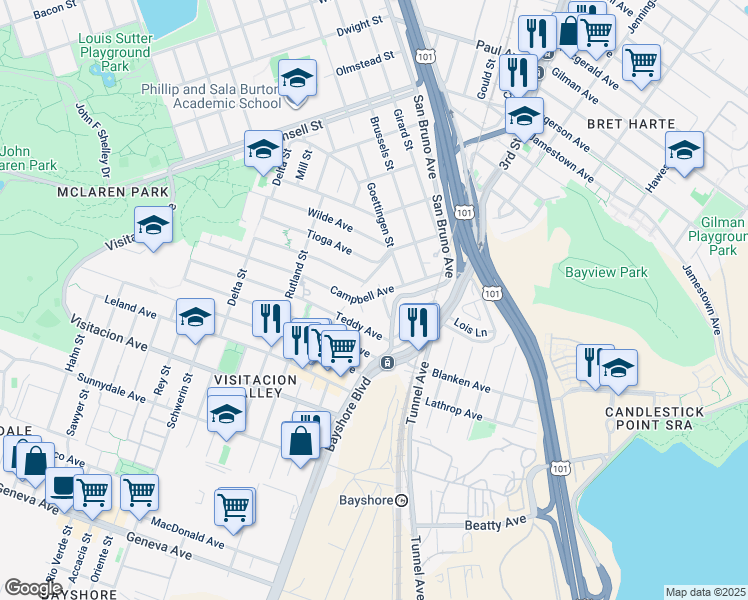 map of restaurants, bars, coffee shops, grocery stores, and more near 325 Campbell Avenue in San Francisco