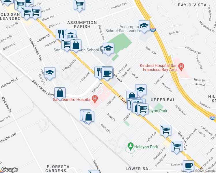 map of restaurants, bars, coffee shops, grocery stores, and more near 13875 East 14th Street in San Leandro