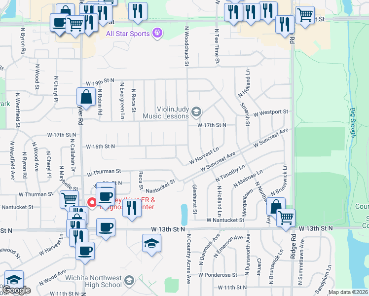 map of restaurants, bars, coffee shops, grocery stores, and more near 1627 North Woodchuck Street in Wichita