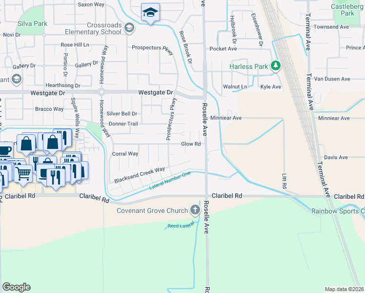 map of restaurants, bars, coffee shops, grocery stores, and more near 5227 Sulky Court in Riverbank