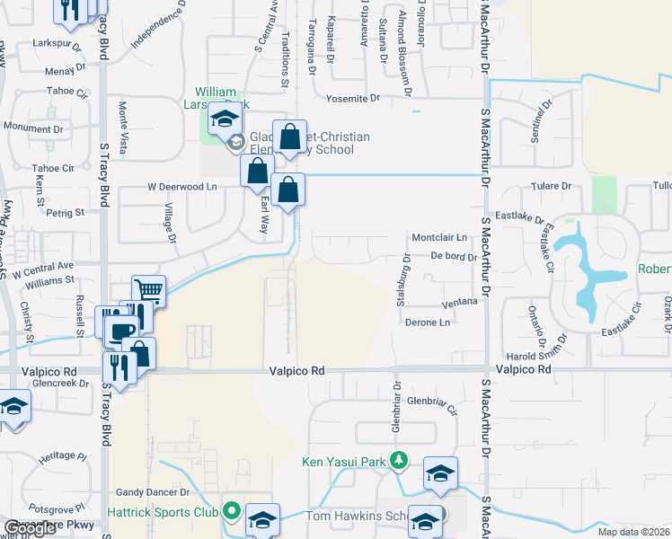 map of restaurants, bars, coffee shops, grocery stores, and more near 211 De bord Drive in Tracy