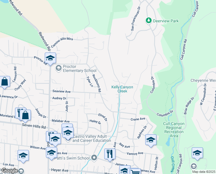 map of restaurants, bars, coffee shops, grocery stores, and more near 17868 Trenton Drive in Castro Valley