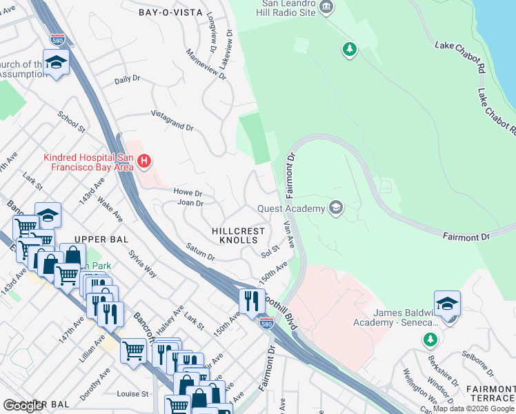 map of restaurants, bars, coffee shops, grocery stores, and more near 14714 Midland Road in San Leandro