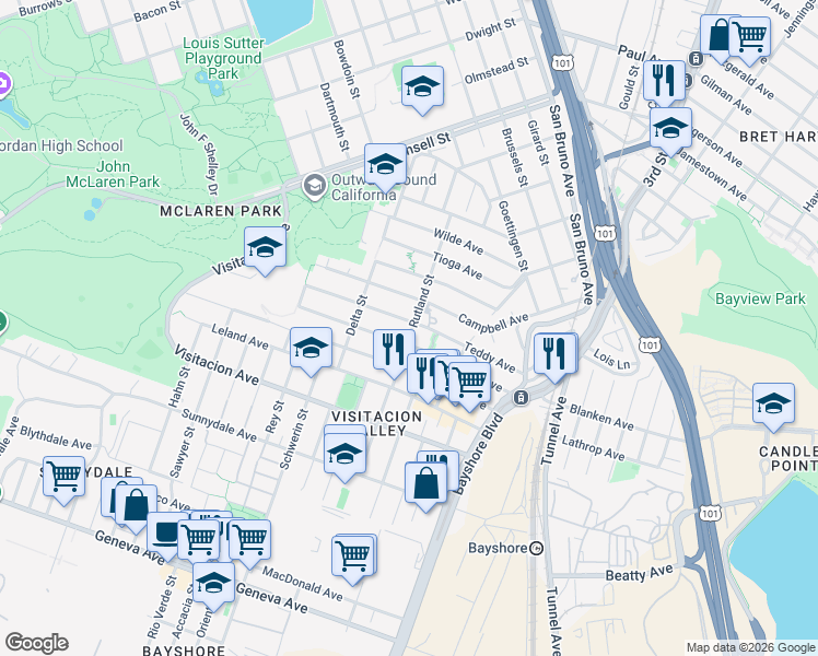 map of restaurants, bars, coffee shops, grocery stores, and more near 180 Teddy Avenue in San Francisco