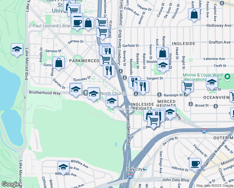 map of restaurants, bars, coffee shops, grocery stores, and more near in San Francisco
