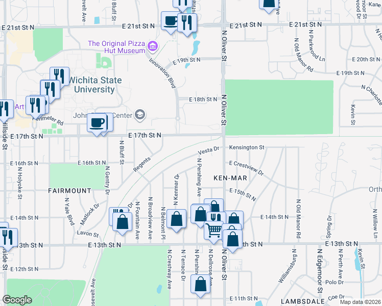map of restaurants, bars, coffee shops, grocery stores, and more near 4432 Vesta Drive in Wichita