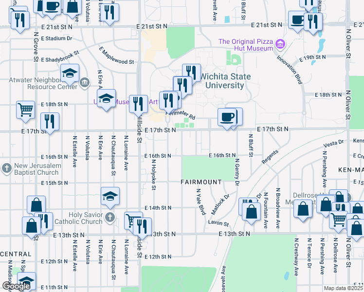 map of restaurants, bars, coffee shops, grocery stores, and more near 1717 North Vassar in Wichita