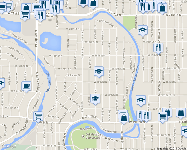 map of restaurants, bars, coffee shops, grocery stores, and more near 1737 Payne Street in Wichita