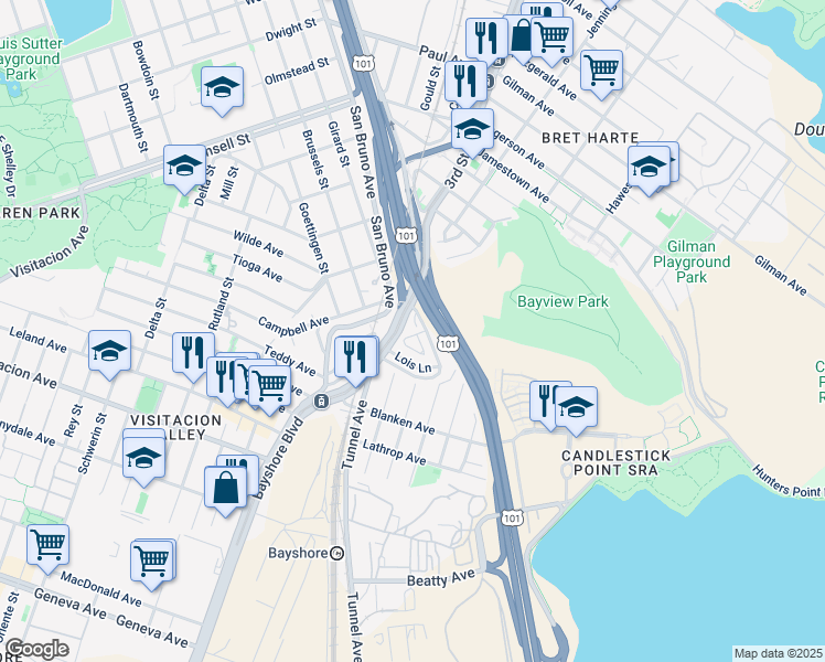 map of restaurants, bars, coffee shops, grocery stores, and more near 252 Lauren Court in San Francisco