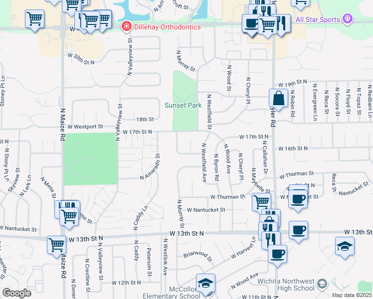map of restaurants, bars, coffee shops, grocery stores, and more near 9412 16th Court in Wichita