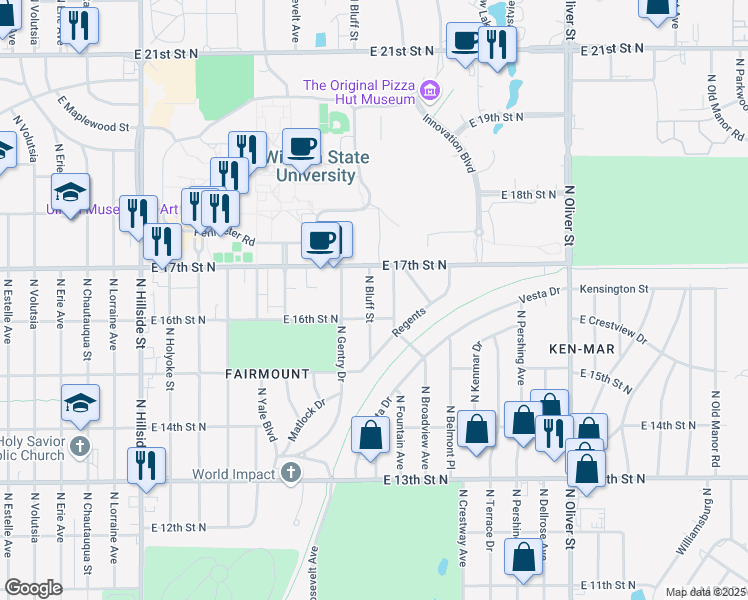 map of restaurants, bars, coffee shops, grocery stores, and more near 1722 North Bluff Street in Wichita