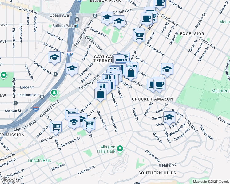 map of restaurants, bars, coffee shops, grocery stores, and more near 25 Allison Street in San Francisco