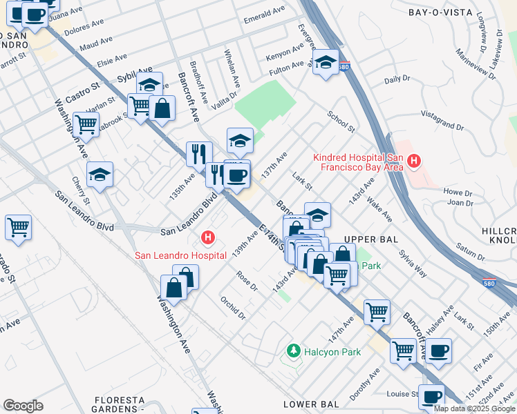 map of restaurants, bars, coffee shops, grocery stores, and more near 1434 138th Avenue in San Leandro