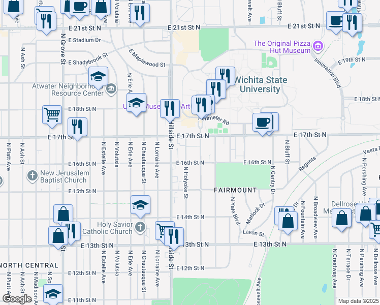 map of restaurants, bars, coffee shops, grocery stores, and more near 1722 North Holyoke Street in Wichita