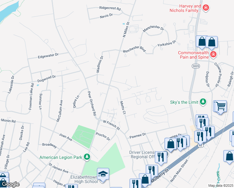 map of restaurants, bars, coffee shops, grocery stores, and more near 278 Metts Court in Elizabethtown