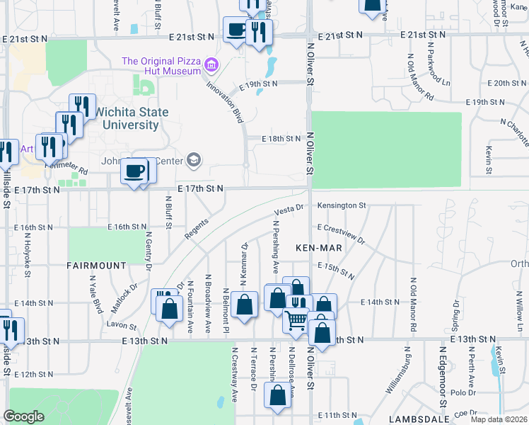 map of restaurants, bars, coffee shops, grocery stores, and more near 4432 Vesta Drive in Wichita