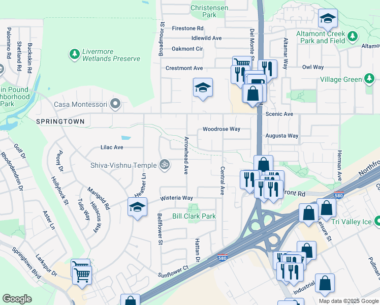 map of restaurants, bars, coffee shops, grocery stores, and more near 1393 Arrowhead Avenue in Livermore