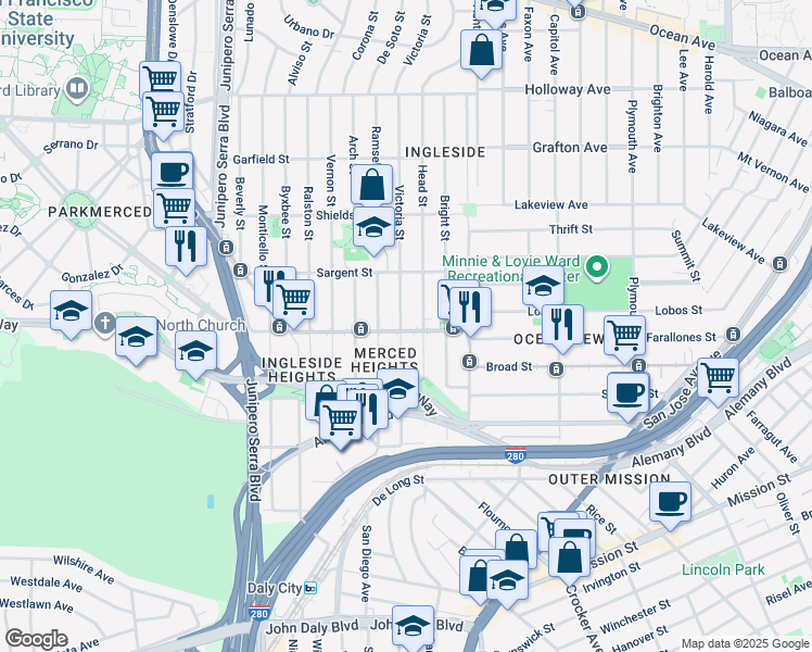 map of restaurants, bars, coffee shops, grocery stores, and more near 250 Randolph Street in San Francisco