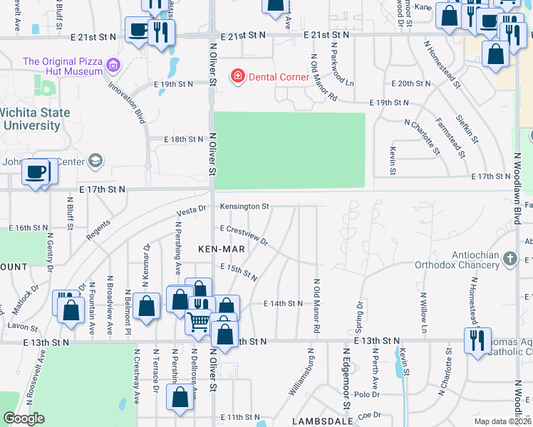 map of restaurants, bars, coffee shops, grocery stores, and more near 1732 Harding St in Wichita