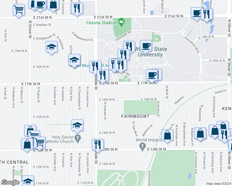 map of restaurants, bars, coffee shops, grocery stores, and more near 1722 Fairmount Street in Wichita