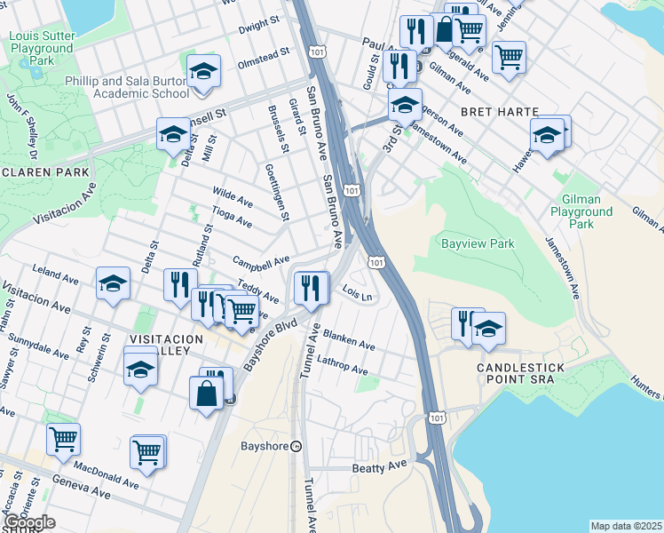 map of restaurants, bars, coffee shops, grocery stores, and more near 10 Wabash Terrace in San Francisco