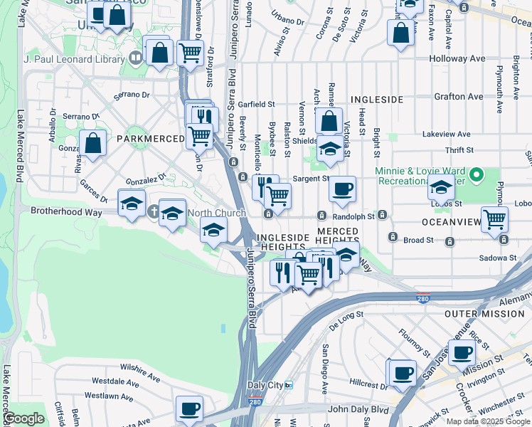 map of restaurants, bars, coffee shops, grocery stores, and more near in San Francisco