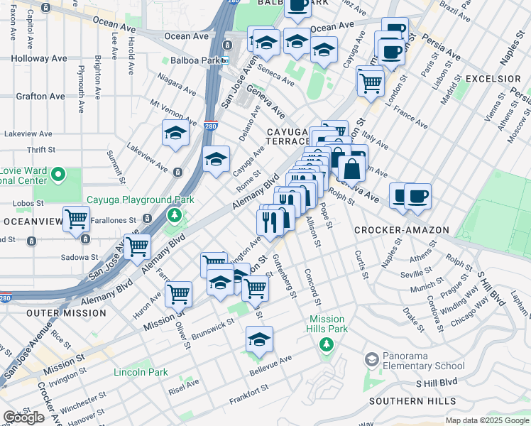 map of restaurants, bars, coffee shops, grocery stores, and more near 57 Ottawa Avenue in San Francisco