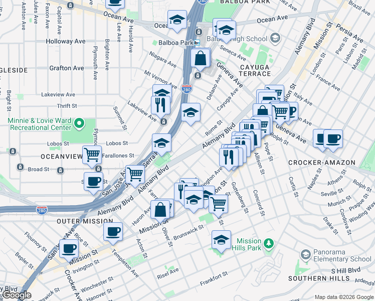 map of restaurants, bars, coffee shops, grocery stores, and more near 2632 Alemany Boulevard in San Francisco