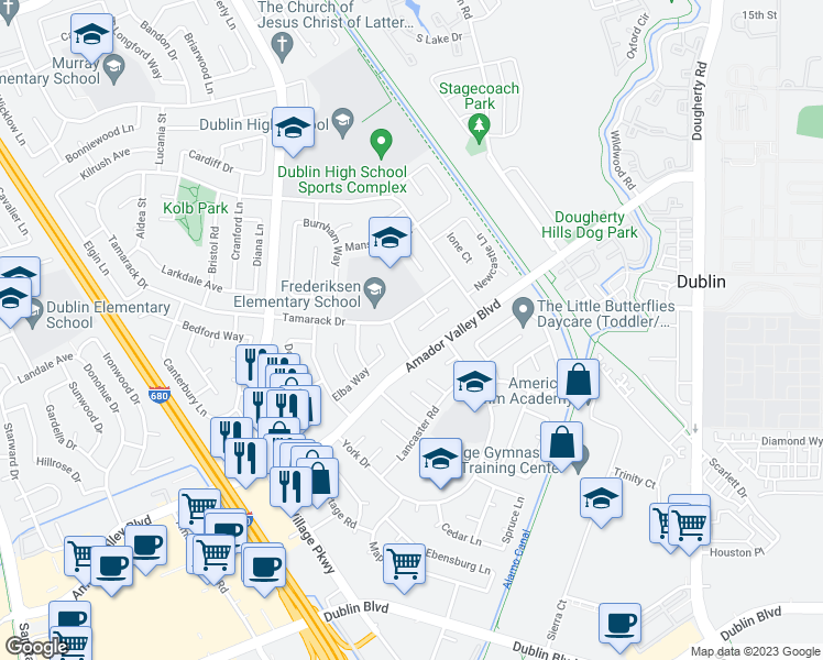 map of restaurants, bars, coffee shops, grocery stores, and more near 6981 Doreen Court in Dublin