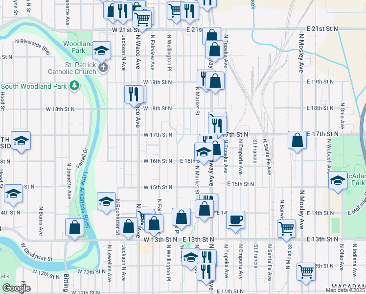 map of restaurants, bars, coffee shops, grocery stores, and more near 1724 North Park Place in Wichita