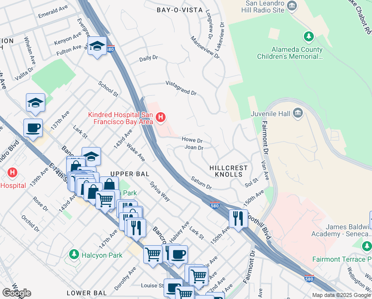 map of restaurants, bars, coffee shops, grocery stores, and more near 1960 Joan Dr in San Leandro