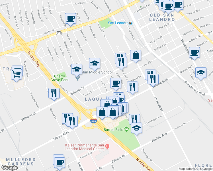 map of restaurants, bars, coffee shops, grocery stores, and more near 1235 Castro St in San Leandro