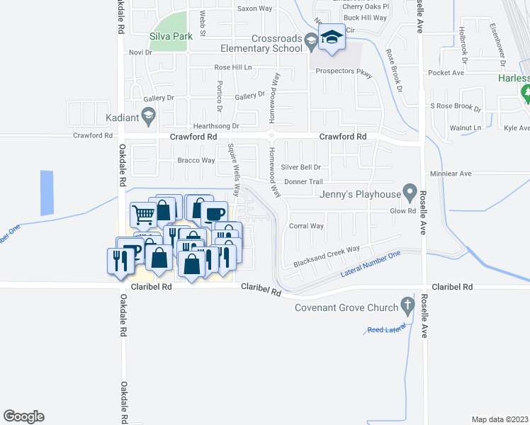 map of restaurants, bars, coffee shops, grocery stores, and more near 2561 Cottage Pointe Drive in Riverbank