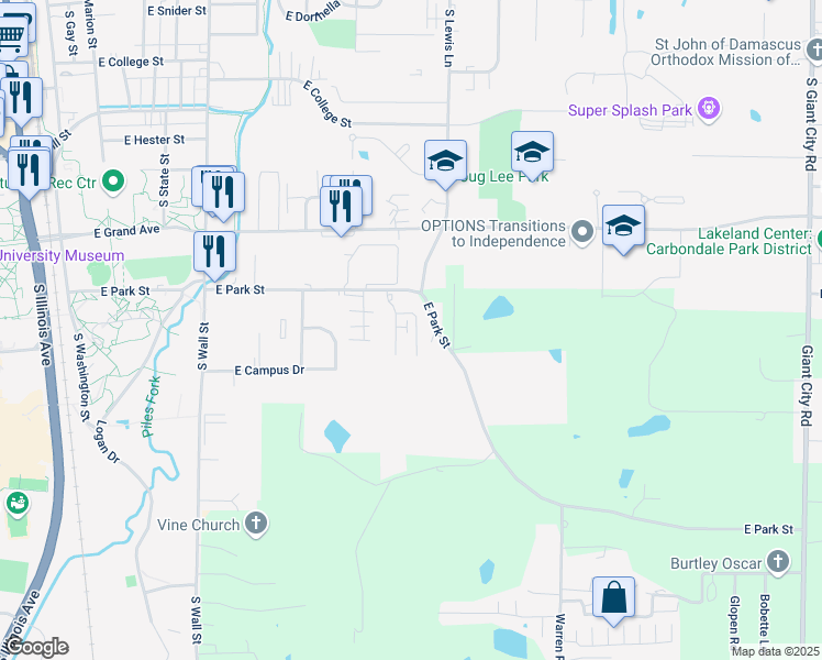 map of restaurants, bars, coffee shops, grocery stores, and more near 1001 East Park Street in Carbondale