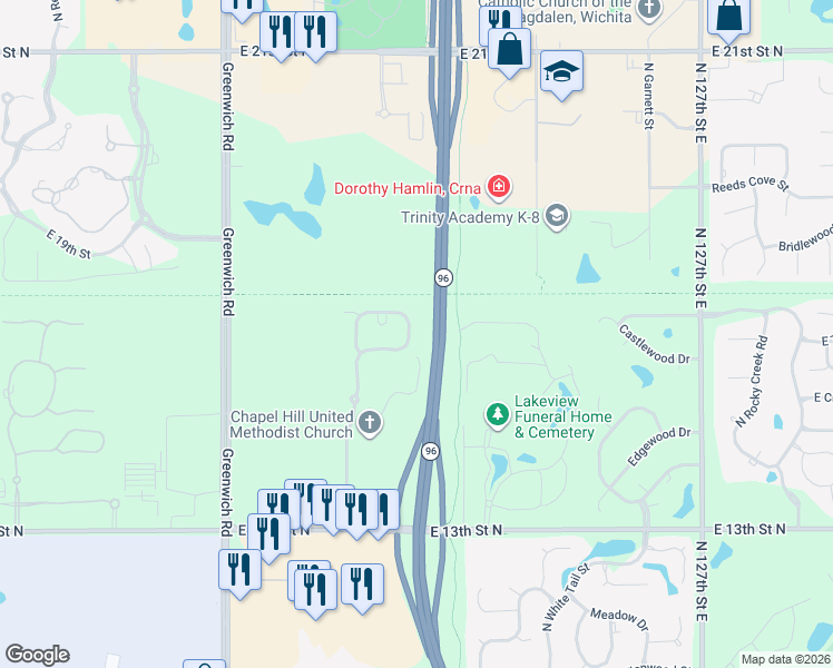 map of restaurants, bars, coffee shops, grocery stores, and more near 1710 North Bedford Street in Wichita