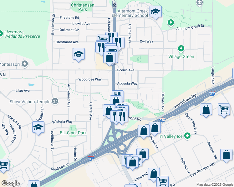 map of restaurants, bars, coffee shops, grocery stores, and more near 6609 Forget Me Not in Livermore