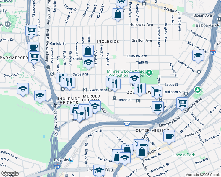 map of restaurants, bars, coffee shops, grocery stores, and more near 26 Randolph Street in San Francisco