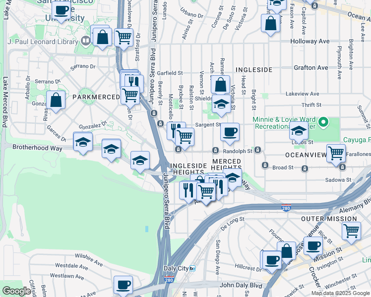 map of restaurants, bars, coffee shops, grocery stores, and more near 730 Randolph Street in San Francisco
