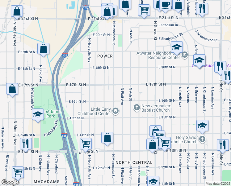 map of restaurants, bars, coffee shops, grocery stores, and more near 1732 North Minnesota Street in Wichita