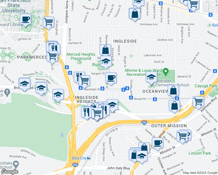 map of restaurants, bars, coffee shops, grocery stores, and more near 314 Randolph Street in San Francisco