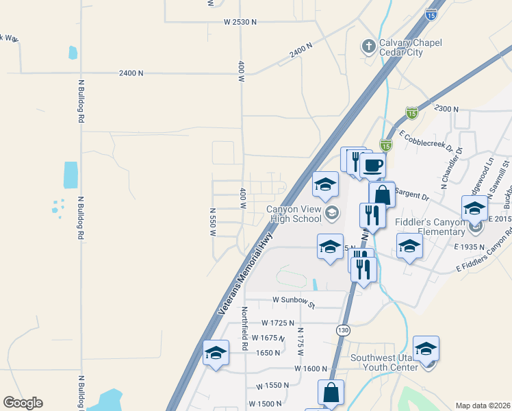 map of restaurants, bars, coffee shops, grocery stores, and more near 418 West 2050 North in Cedar City